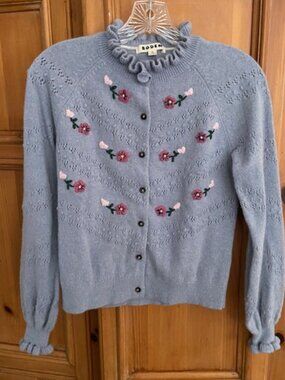Boden Women's Cardigan in Blue Pebble with Flower and Heart Detail Size XS